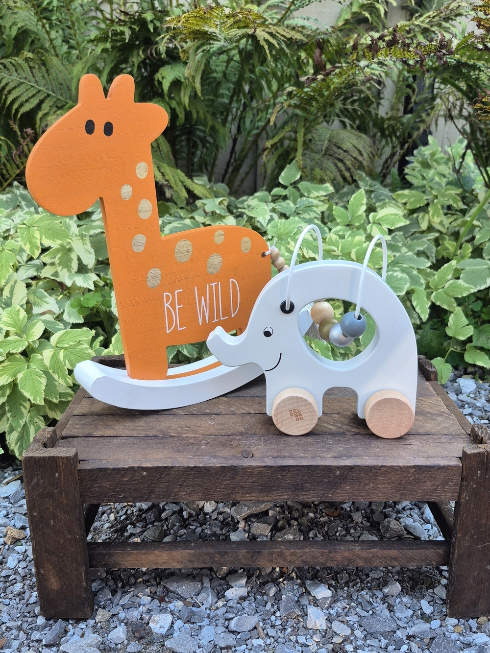 Like New Wooden Safari Nursery Decor & Toy Set - Elephant & Giraffe